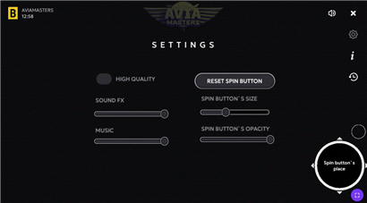 Pannello impostazioni di Aviamasters — volume, qualità grafica, pulsante di gioco